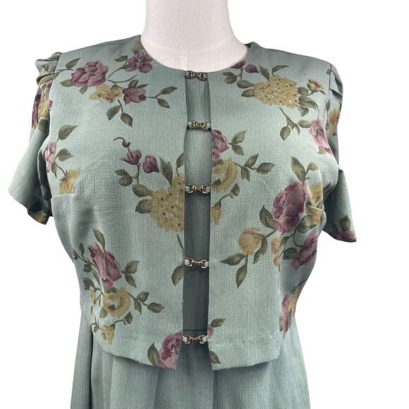 VTG 80s Sage Floral Maxi Dress L Cottage Boho Teacher Modest Shoulder Pads Geek - Picture 2 of 7